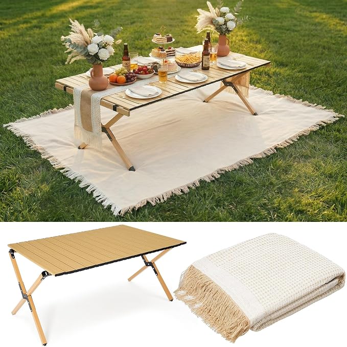 Wesiti 2 Pcs Low Picnic Table Foldable Lightweight Picnic Table Set 34" x 23" with Extra Large Outdoor Camping Blanket Sandproof Boho Beach Woven Cotton Yarn Blanket for Camping Beach Patio