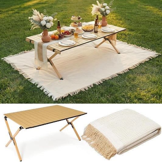 Wesiti 2 Pcs Low Picnic Table Foldable Lightweight Picnic Table Set 34" x 23" with Extra Large Outdoor Camping Blanket Sandproof Boho Beach Woven Cotton Yarn Blanket for Camping Beach Patio