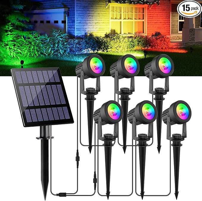 Solar Spot Lights Outdoor Color Changing,Solar RGB Spotlights Waterproof Colored Landscape Lighting Auto ON/Off Adjustable Garden Lights for Yard, Garden, Driveway, Pool, Lawn (6-in-1)