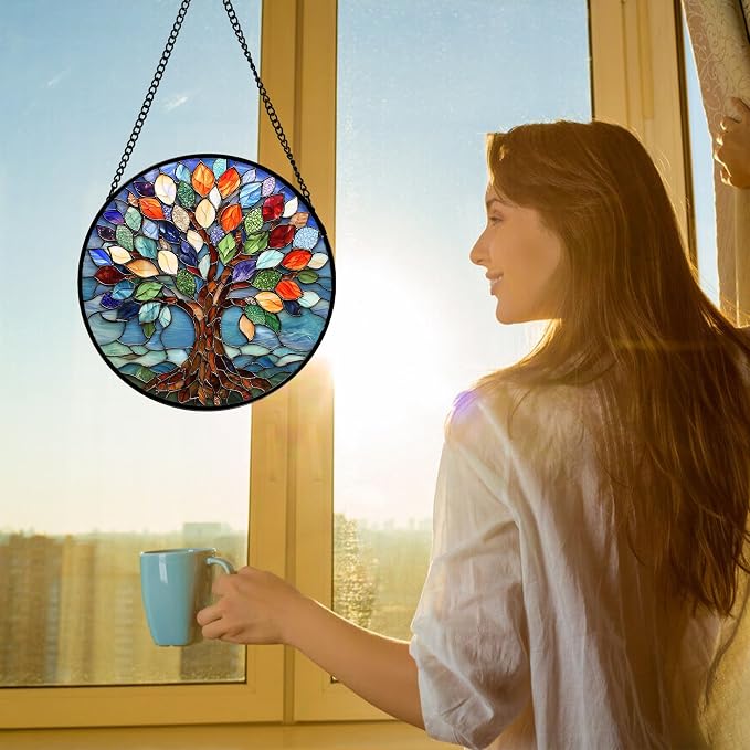 DASTOLL Stained Glass Window Hanging, Colorful Tree of Life Sun Catchers Glass Panel Blue Suncatcher Decor for Birthday for Women, Men, Wife, Aunt, and Mom 11.8x11.8 in
