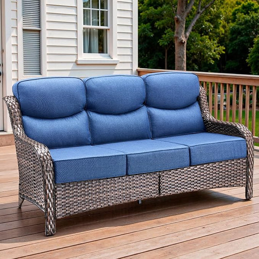 71'' Patio Couch Outdoor Wicker Sofa, Heavy Duty All-Weather Rattan 3-Seater Sofa with Deep Seating and Removable Cover, Outdoor Patio Furniture for Deck Porch Sunroom Backyard Brown/Blue