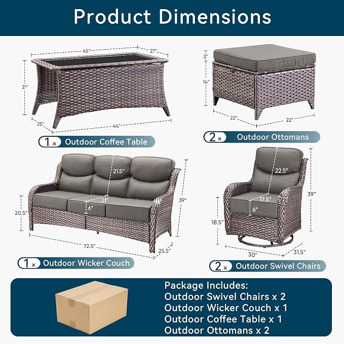 Luxury 6 Pieces Outdoor Patio Furniture Set-All Weather Wicker Outdoor Furniture with Swivel Rocker Patio Chairs 6-inch Extra Thick Cushions Wicker Conversation Set for Garden Porch(Brown/Grey)