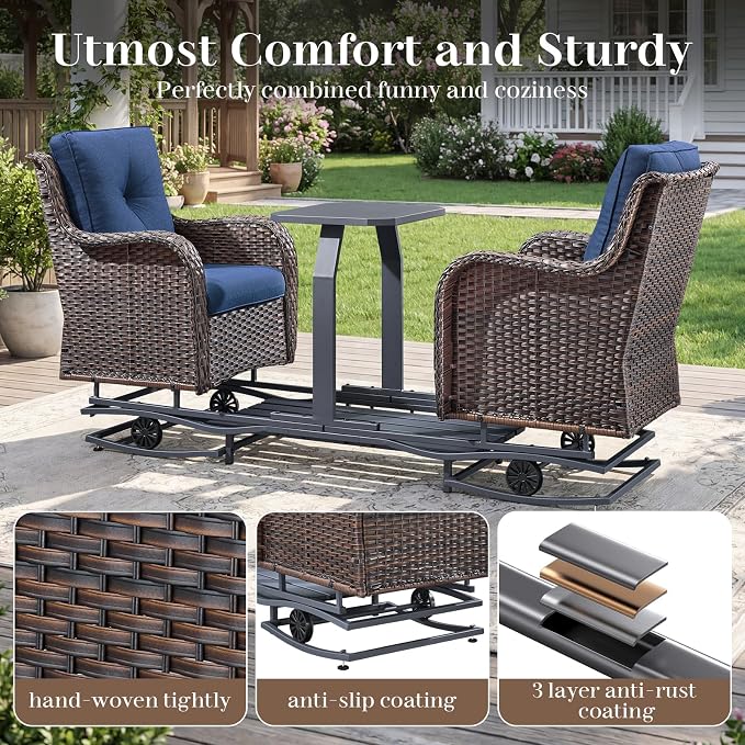 Rilyson Luxury Wicker Outdoor Conversation Set with Glider Rocker Chairs, 4 Pieces Patio Furniture Set with Rattan Swivel Rocker Chairs and Coffee Table All Weather Brown/Blue
