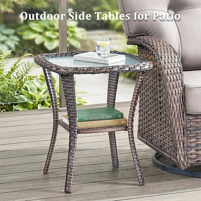 3-Piece Wicker Patio Furniture Set with 5-Inch Thick Cushions Weather Resistant Rattan High Back Swivel Rocker Chairs Senior Friendly Conversation Set for Small Porch Deck Sunroom Brown/Beig