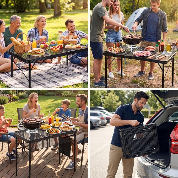 Folding Grill Table, 34"x16" Portable Camping Table with Storage Pocket, Heat Resistant & Waterproof Outdoor Picnic Table, Sturdy Lightweight for Travel Cooking BBQ, Camping, Backyard
