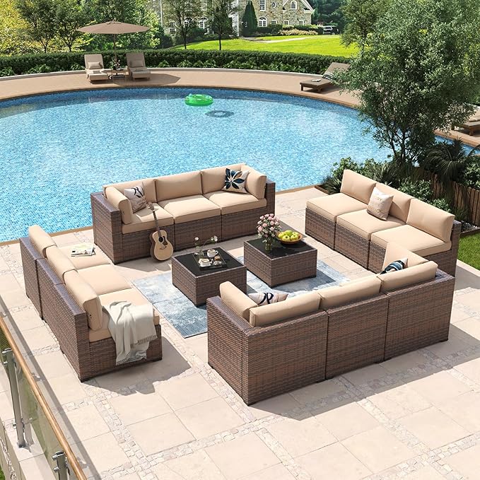 Aoxun 14 Piece Patio Furniture Set Wicker Rattan Patio Conversation Set Outdoor Sectional Sofa Set with Coffee Table and Thickened Cushions, Beige