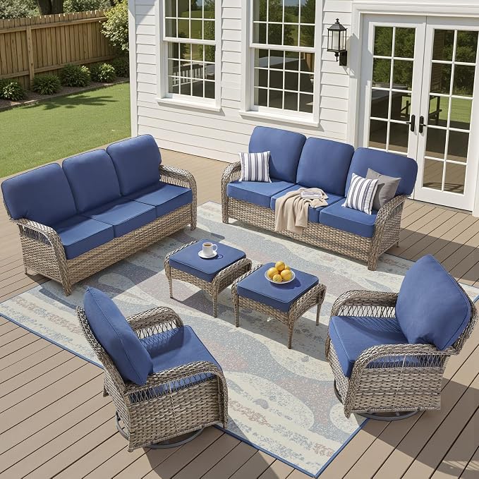 6 PCS Patio Furniture Set Outdoor Sectional Sofa Couch with Rocking Swivel Chairs 5" Deep Seat Chairs, 2 Sofa Sets Modern Wicker Rattan Conversation Set, Blue/Gray Wicker