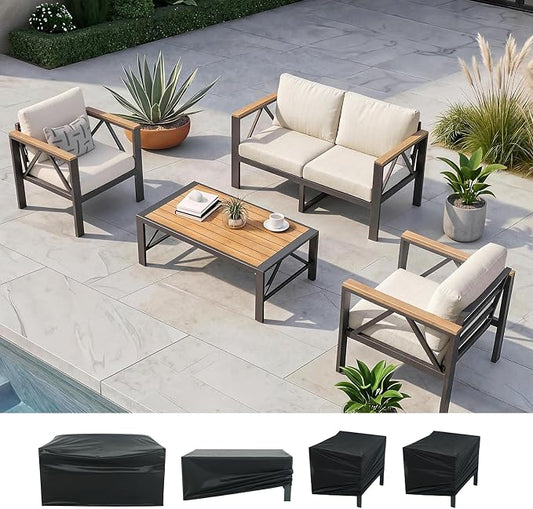 INGEROOM 4 Piece Aluminum Outdoor Patio Furniture Set with Waterproof Cover, 4-Seat Patio Conversation Sets with Coffee Table, Outdoor Sectional Furniture Set for Porch, Balcony, Deck, Oatmeal