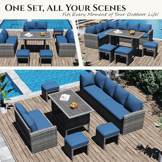 U-MAX 7 Pieces Patio Furniture Set with Waterproof Cover, Outdoor Sectional Sofa Conversation Set, All Weather Wicker Rattan Dining Table & Chair with Ottoman, Grey Rattan&Dark Blue Cushion