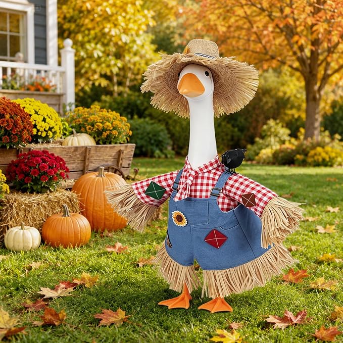 Fall Porch Goose Outfit Scarecrow Costume, Thanksgiving Porch & Yard Decor | Fits 23 Inch Goose Statues, 2-Piece Set with Scarecrow Hat & Crow, Autumn Porch, Patio, Lawn Garden Thanksgiving Decor