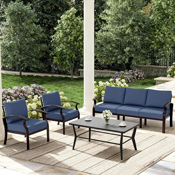 ALAULM Aluminum Patio Furniture Set with Coffee Table Rectangular，5-seat Outdoor Sectional Furniture w/5.1" Cushions，Patio Conversation Set for Porch, Backyard, Poolside-Dark Blue