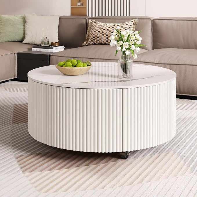 29.5'' Round Marble Coffee Table for Living Room Storage Coffee Table with 2 Drawers Modern Circle Center Tables Sintered Stone Accent Tea Tables for Apartment White