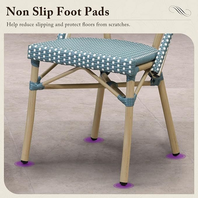 PURPLE LEAF 7-Piece French Bistro Dining Set Rectangle Outdoor Patio Table and 6 Armless Chairs Tempered Glass Top PE Rattan Champagne Print Finish Aluminum Frame Light Blue