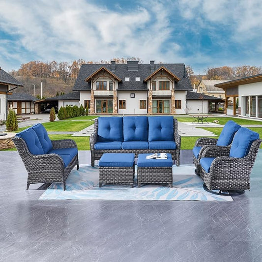 Rilyson Wicker Patio Furniture Set - 6 Piece Rattan Outdoor Sectional Conversation Sets with 2 Rocking Swivel Chairs,2 Ottomans,1 Sofa and 1 Loveseat for Porch Deck Garden(Mixed Grey/Blue)