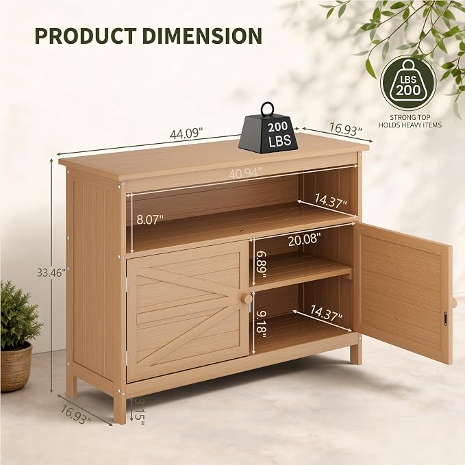 HIPS All-Weather Outdoor Storage Cabinet,Outdoor Sideboard with Magnetic Doors,3-Shelves Patio Storage Cabinet, Used for Garden,Buffet Cabinet,TV Stand, Bar Table,Balcony