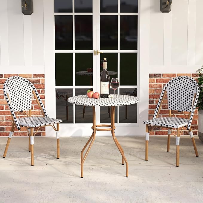 HAPPYGRILL Outdoor Bistro Table, 27.5” Round Patio Table with Hand-Woven PE Rattan Tabletop and Metal Frame, for Garden Backyard Porch Balcony