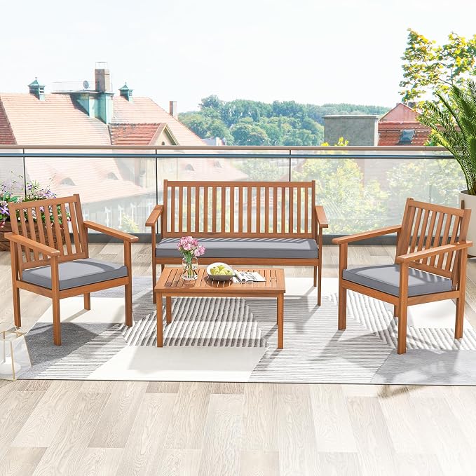 Tangkula 4 Piece Patio Wood Furniture Set, Acacia Wood Sofa Set w/Loveseat, 2 Chairs & Coffee Table, Soft Seat Cushions, Outdoor Wood Furniture Set for Porch, Yard, Balcony (Gray)