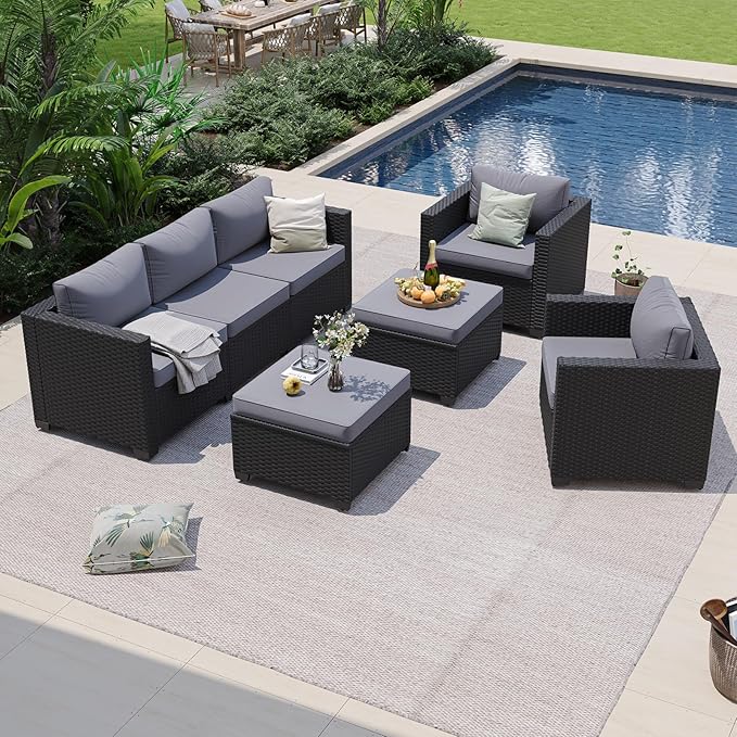 Aoxun Patio Furniture Set, 5 Piece Outdoor Sectional Sofa with Ottomans, Wicker Outdoor Furniture Conversation Sets with Waterproof Cover for Deck Backyard Grey