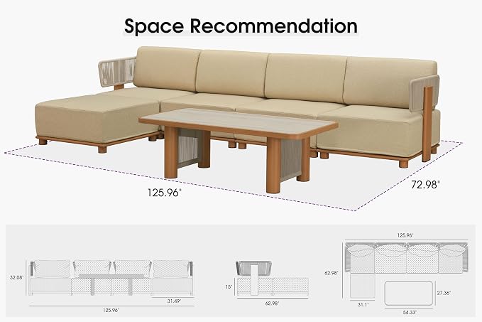 PURPLE LEAF Patio Furniture Set Modular L-Shaped Outdoor Sectional Sofa with 11" Thick Cushion 6-Piece Outdoor Conversation Set with Ottoman & White Lights for Backyard Poolside Table Included, Beige