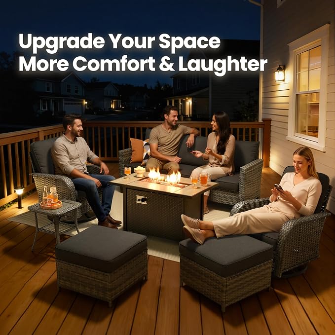 7 Piece Patio Furniture Set with Firepit Swivel Chair, Black | High Back Swivel Rocker Chairs, Deep Seat Sofa Ottoman, Fire Pit Table, Outdoor Conversation Sets for Porch Deck Backyard