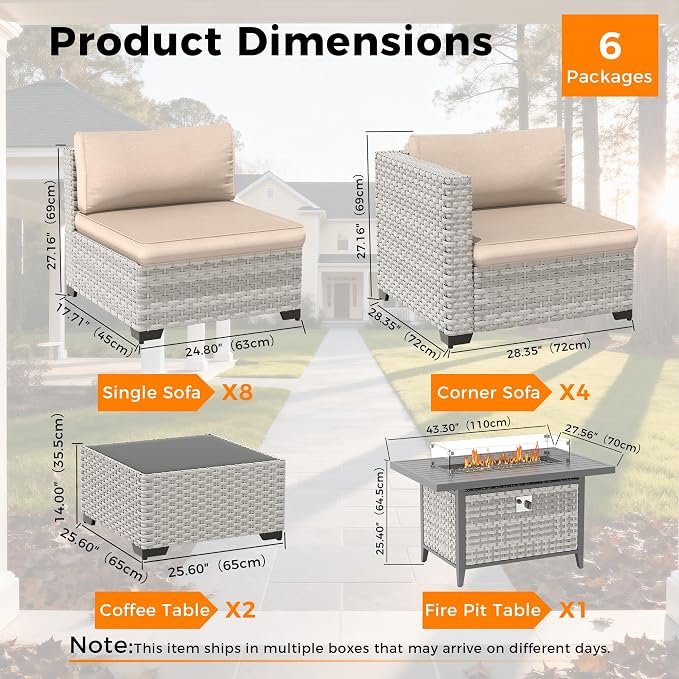 12-Seat Modern Outdoor Wicker Rattan Patio Furniture Set with 55,000 BTU Fire Pit Table, Thick 4″ Cushions, All-Weather Dual-Strand Rattan, Rust-Resistant Steel Frame,Beige