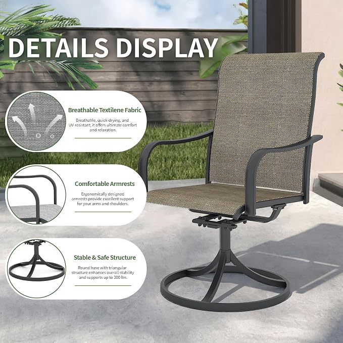 Anmutig 5 Pieces Outdoor Patio Dining Set, 48" Round Outdoor Dining Table with Umbrella Hole & 4 Swivel Textilene Dining Chairs for Backyard Bistro Outdoor Furniture Set Tan Grey