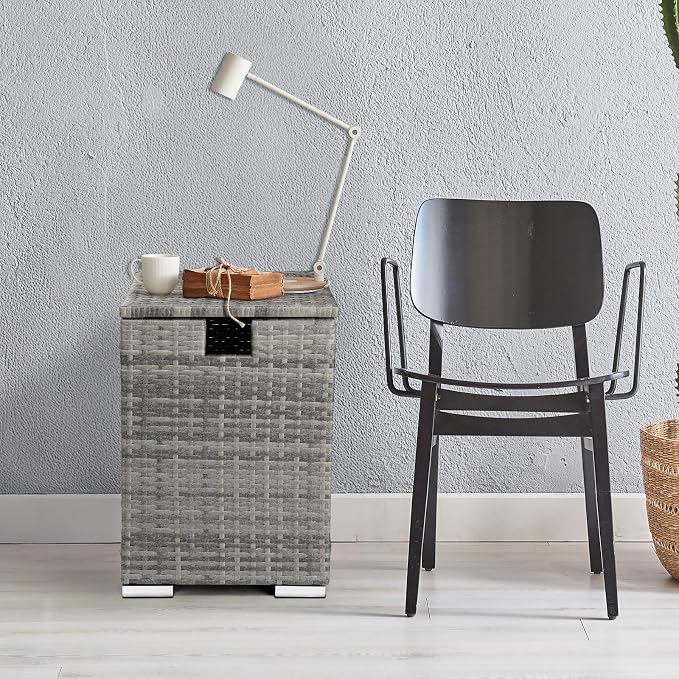 22.4in Outdoor Rattan Side Tables,Iron Frame Gas Bottle Storage Bin,Waterproof Patio Coffee Side Tables,All-Weather PE Wicker End Table,with Lid,for Garden Porch Poolside Deck Backyard (Gray)