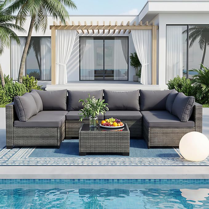 7 Piece PE Rattan Sectional Patio Furniture Set, Gray | All Weather Outdoor Conversation Sofa Set with Coffee Table & Thick Cushions, Ideal for Backyard Porch Garden