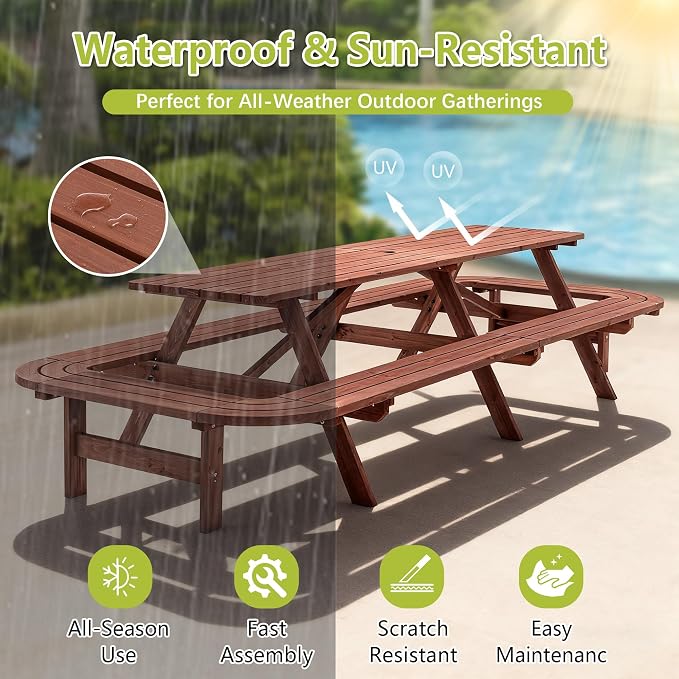 14-16 Person Rectangle Picnic Table, 95 inch Wood Picnic Table with Built-in Curved Benches, Umbrella Hole, Outside Dining Set for Patio Backyard Garden Porch, 2220lb Capacity, Brown