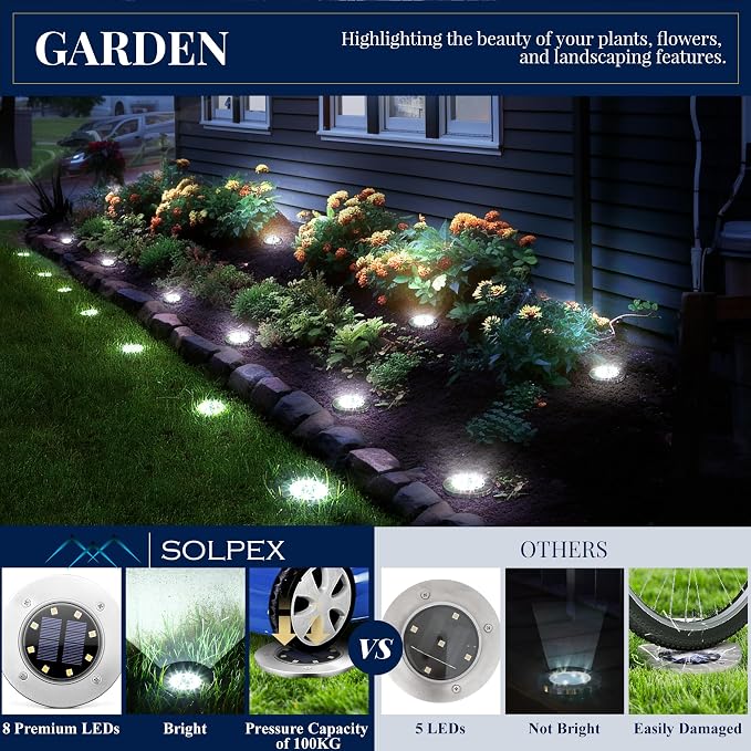 SOLPEX Solar Ground Lights Outdoor, Garden Lights 12 Pack Cool White | IP65 Waterproof Stainless Steel Landscape Lighting for Walkway, Driveway, Pathway, Patio, Backyard Decor