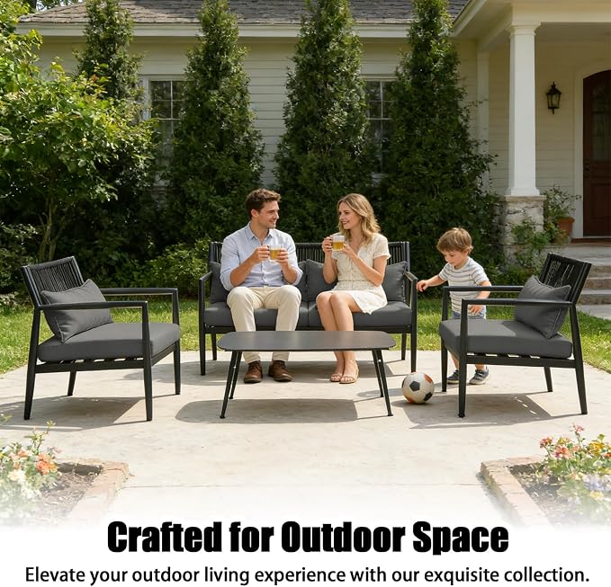 Outdoor Patio Furniture Set, 4 Seats Outdoor Sectional with Coffee Table, Patio Conversation Sets with PE Rope, Outdoor Sectional Sofa with Thick Cushions for Balcony, Porch (Dark Gray)