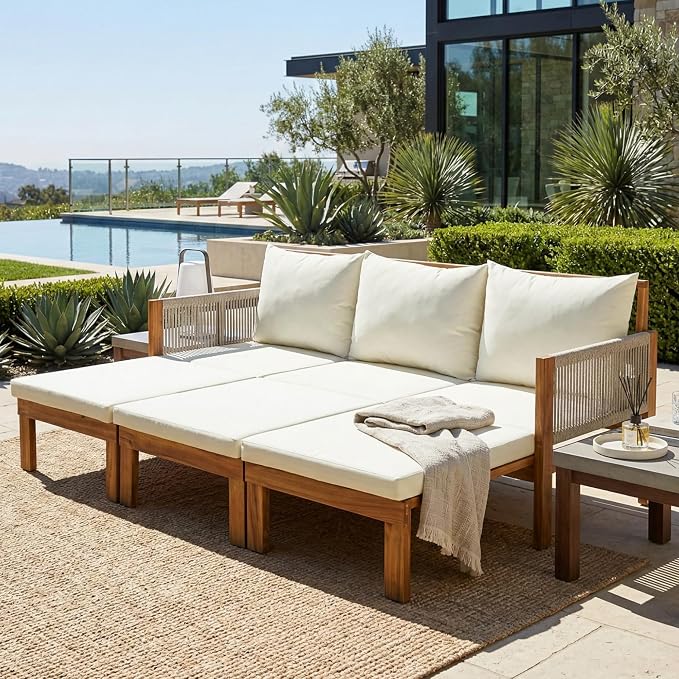 JIVOIT Outdoor Patio Daybed with Rope-Woven Armrests, Convertible Outdoor Sleeper Sofa with Acacia Wood Frame, 3 Seat Patio Sunbed for Backyard, Pool (Beige/85)