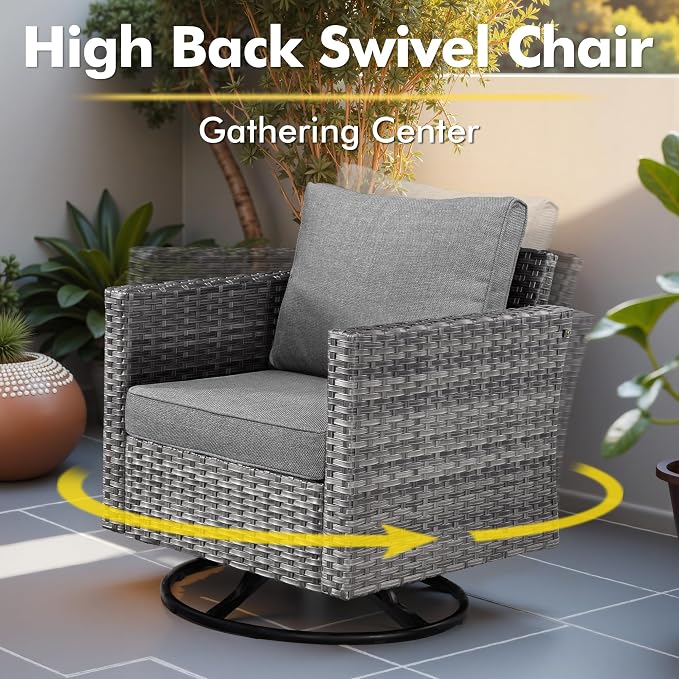 CAODOC 11 Piece Outdoor Patio Furniture Set with 42" Fire Pit Table, Wicker Sectional Conversation Set Whit Swivel Chairs,Modern Outside Sofa for Balcony Backyard(Dark Gray)