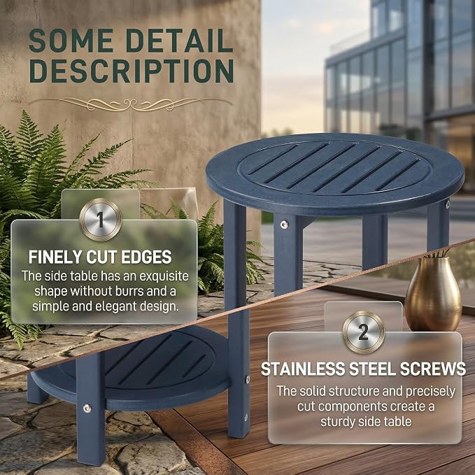 2-Tier Outdoor Side Table, Round HDPE Adirondack Table for Patio, All-Weather Resistant End Table with Storage Shelf for Porch, Garden, Deck and Poolside, 220 lbs Capacity, Navy Blue