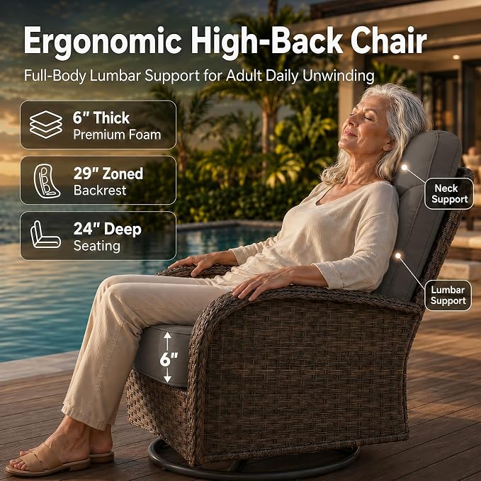 HUMMUH Outdoor Swivel Rocker Patio Conversation Set, 3-Piece, High Back | 6 in seat and back cushions, PE rattan, steel frames, 350 lb chair capacity, for deck, yard, and poolside