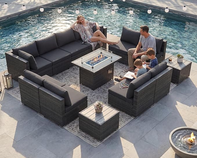 NICESOUL 13 Piece Outdoor Sectional Furniture with Firepit, Contemporary Back Yard Fireplace w/Seating Area, Plus Size 29.3'' High Back Patio Set, All-Weather Wicker Couch for Exterior, Dark Gray