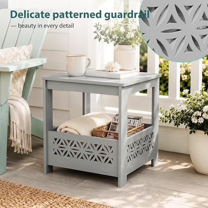 VINGLI Outdoor Side Table with Storage, 15.6" Square Resin Patio End Table, Weatherproof Rustproof Balcony Backyard Poolside Small Table (Gray)
