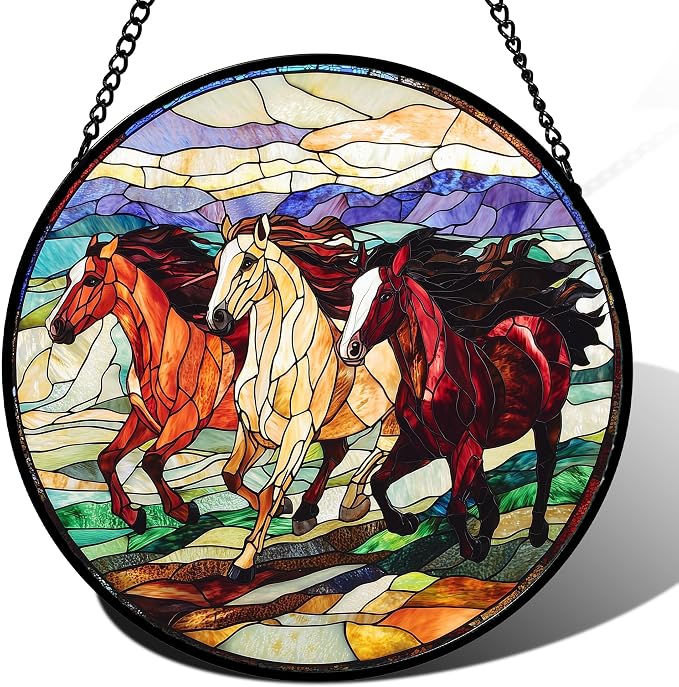 Stained Glass Window Hanging, Galloping Horses Sun Catcher for Door Home Decor Colorful Suncatcher Christmas Mother's Day Birthday Gifts for Women Men Mom and Nana 7.8 in