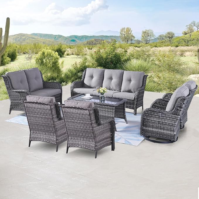 Belord 7 Piece Wicker Patio Furniture Set, Outdoor Swivel Rocker Chairs Set of 2 with Ottomans, 3 Seat Sofa and Loveseat, All Weather Patio Conversation Furniture Set, for Pool,Yard Gray Wicker/Gray