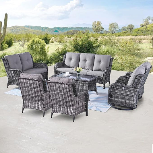 Belord 7 Piece Wicker Patio Furniture Set, Outdoor Swivel Rocker Chairs Set of 2 with Ottomans, 3 Seat Sofa and Loveseat, All Weather Patio Conversation Furniture Set, for Pool,Yard Gray Wicker/Gray