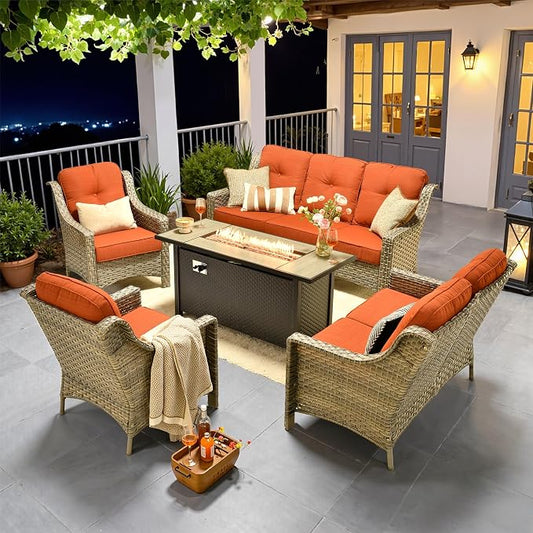 Outdoor Patio Furniture Sets, 5 PCS Patio Conversation Set Outside Rattan Sofa with 54 in Fire Pit Table Comfy Cushions Fit Backyard Porch Garden Poolside Balcony,Coarse Stripes Red