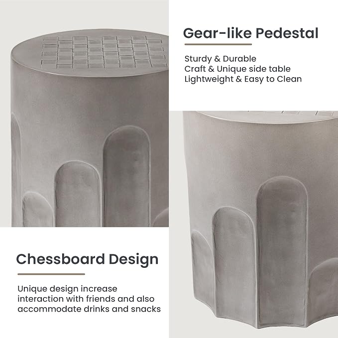 HOMPUS Outdoor Side Table with Checkeboard Grain Tabletop, Round Shaped MgO Lightweight Concrete End Tables, Modern Vintage Patio Accent Table for Indoor Outdoor Use, Grey
