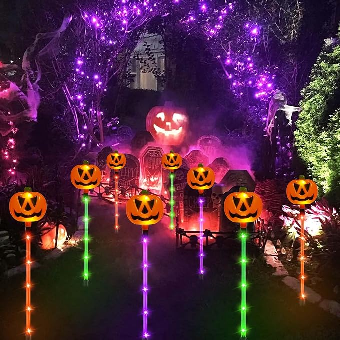 6 Pack Solar Pumpkin Lights Outdoor Waterproof for Halloween Decorations | 8 Modes Halloween Pathway Solar Lights, Orange Purple and Green, for Yard Garden Patio Holiday Party Decor