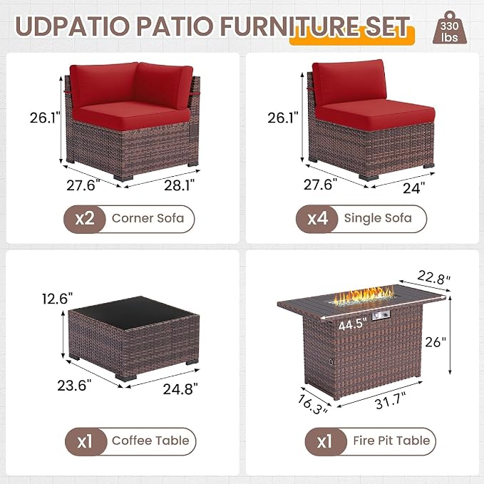 UDPATIO Patio Furniture Set with 44'' Fire Pit Table, 8 PCS Outdoor Sectional Furniture Sets, Slanted Back Outdoor Conversation Set PE Rattan Sofa for Porch W/Coffee Table,Red