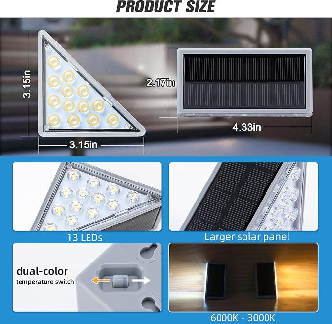 Solar Step Lights 16 Pack - Outdoor Stair Lights with 3000K Warm White & 6000K Cool Daylight, IP67 Waterproof, Auto On/Off, Super Bright for Deck, Patio, Steps