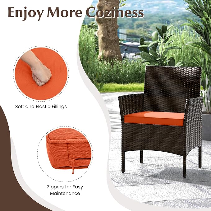 Tangkula 4 Piece Patio Rattan Conversation Set, Outdoor Wicker Furniture Set with Chair, Loveseat & Tempered Glass Table, Cozy Seat Cushions, Outside Sectional Sofa Set for Backyard (1, Orange)