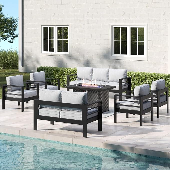 7 Pieces Aluminum Outdoor Patio Furniture Set with Fire Pit Table, Modern Metal Conversation Sofa Set with Deep Seating