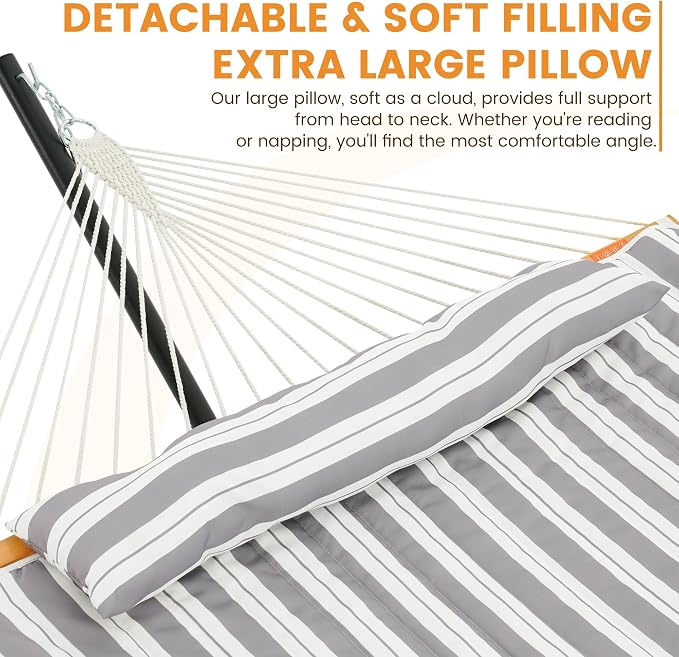 Lazy Daze Hammocks Rope Hammock with Pad, Spreader Bar, Carabiners, Tree Straps, Chains for Outside Patio- Max 450 Lbs, Light Grey Stripes