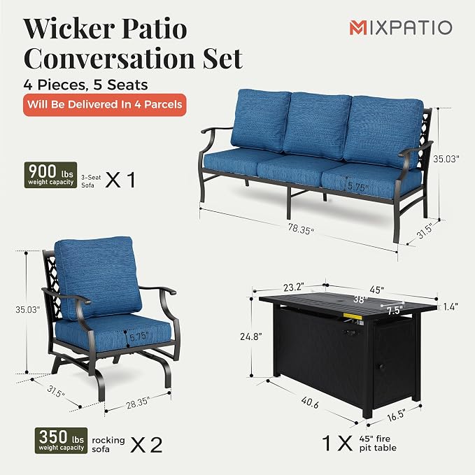 MIXPATIO Patio Furniture Set, 4 Pcs Metal Outdoor Conversation Set, 2 Rocking Chairs and 3 Seater Sofa with 5.75" Extra Thick Cushion and Gas Fire Pit Table for Backyard Deck, Gemstone Blue