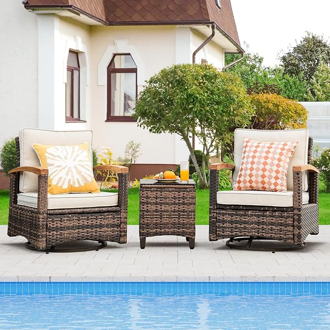 MEISSALIVVE 3 Piece Outdoor Swivel Rocker, Patio Furniture Bistro Set with 360° Wood Armrests Swivel Rocking Chairs and Side Table for Porch,Deck,Balcony(Beige)